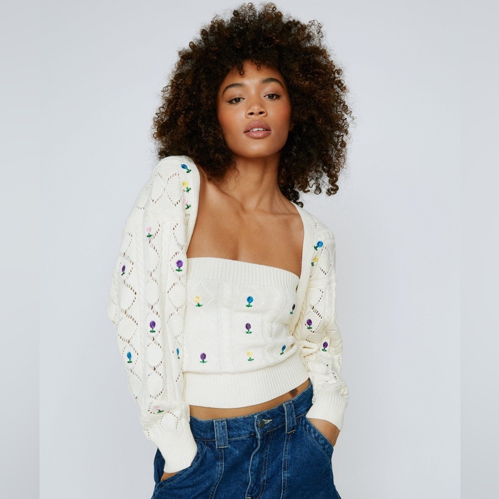 Embroidered Floral Knit Cardigan And Top Set